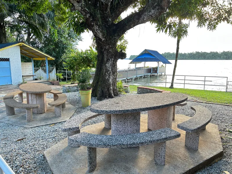 Tables et bancs en pierre sous un grand arbre, face au ponton